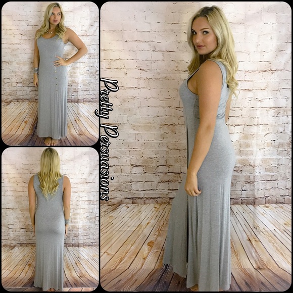 NWT Gray Button Slit Jersey Maxi Dress - Picture 2 of 8