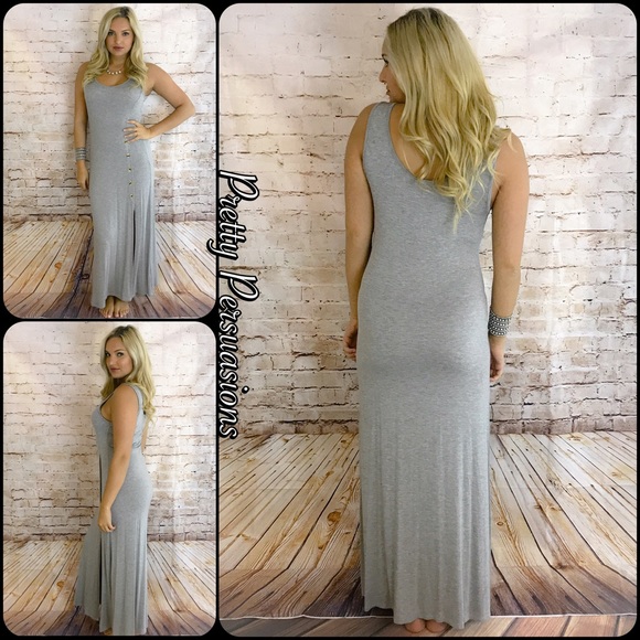 NWT Gray Button Slit Jersey Maxi Dress - Picture 3 of 8