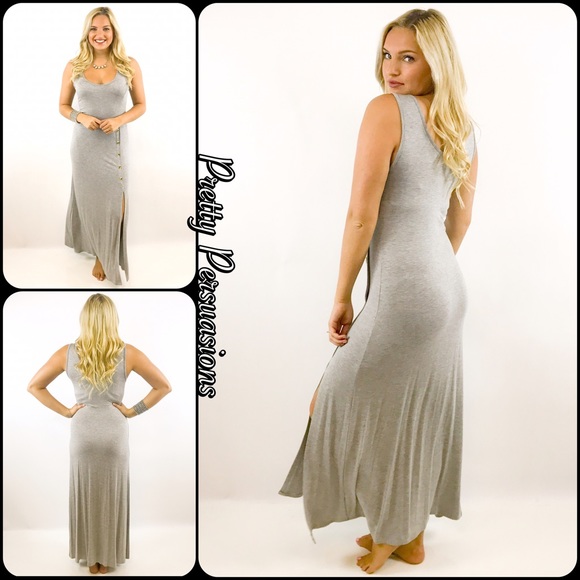 NWT Gray Button Slit Jersey Maxi Dress - Picture 7 of 8