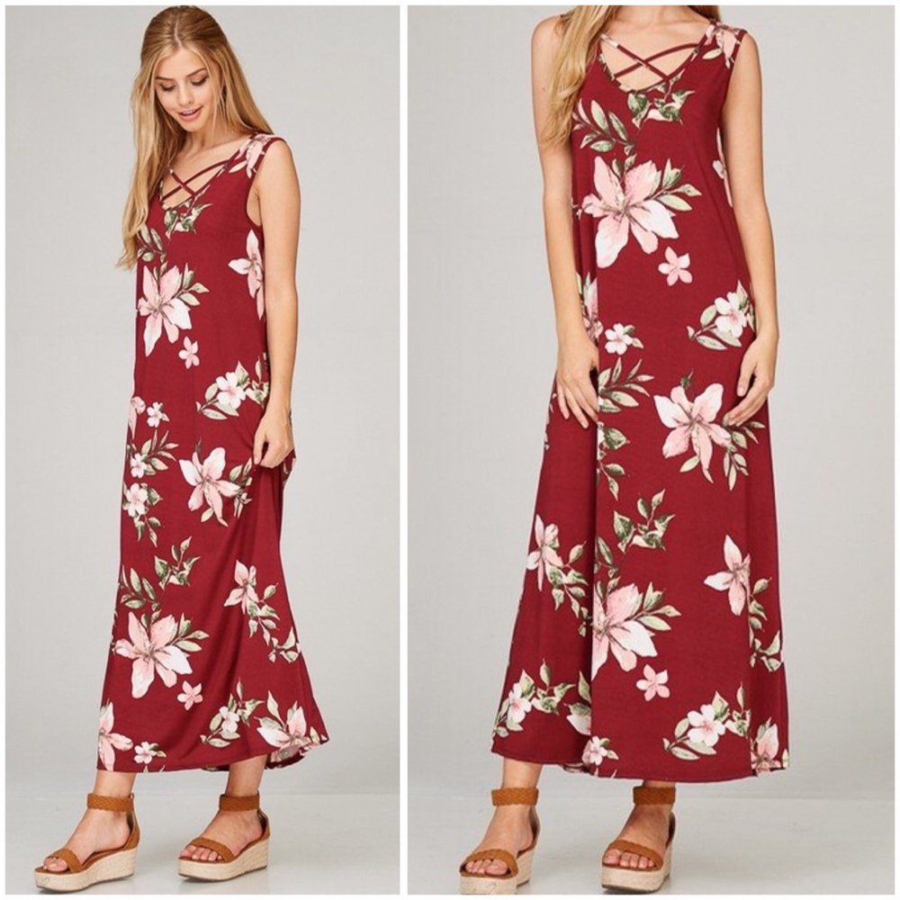 Burgundy Sleeveless Floral Maxi Dress - Picture 1 of 4