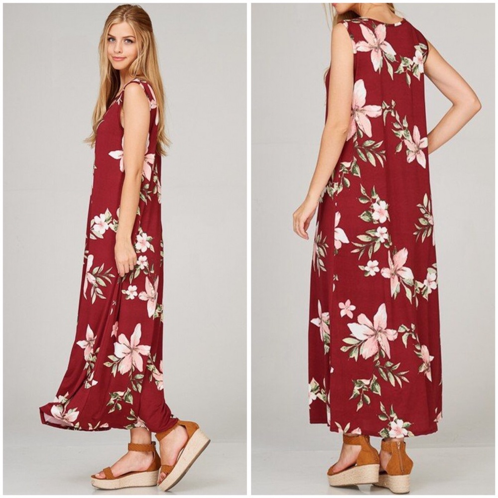 Burgundy Sleeveless Floral Maxi Dress - Picture 3 of 4