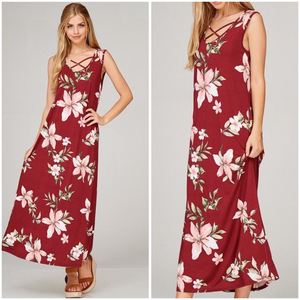 Burgundy Sleeveless Floral Maxi Dress - Picture 4 of 4