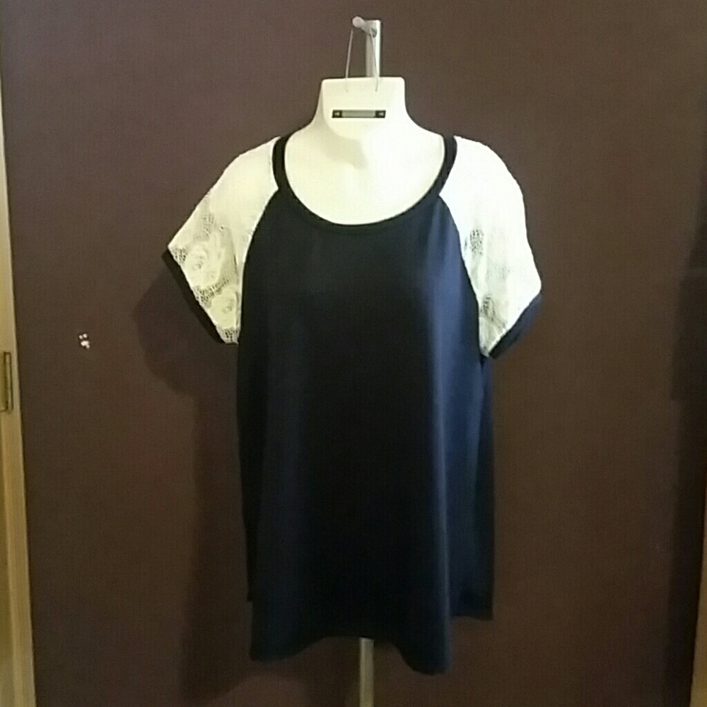 Navy Shirt with White Lace Sleeves