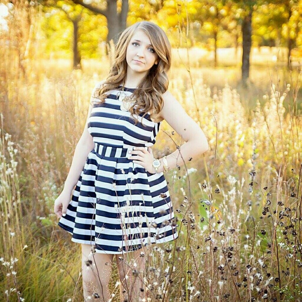 Navy blue and white fit and flare dress