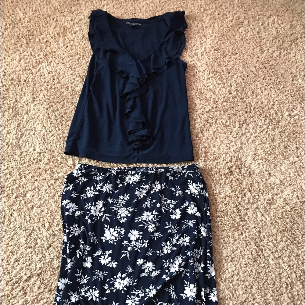 2 piece navy and white casual skirt and top outfit