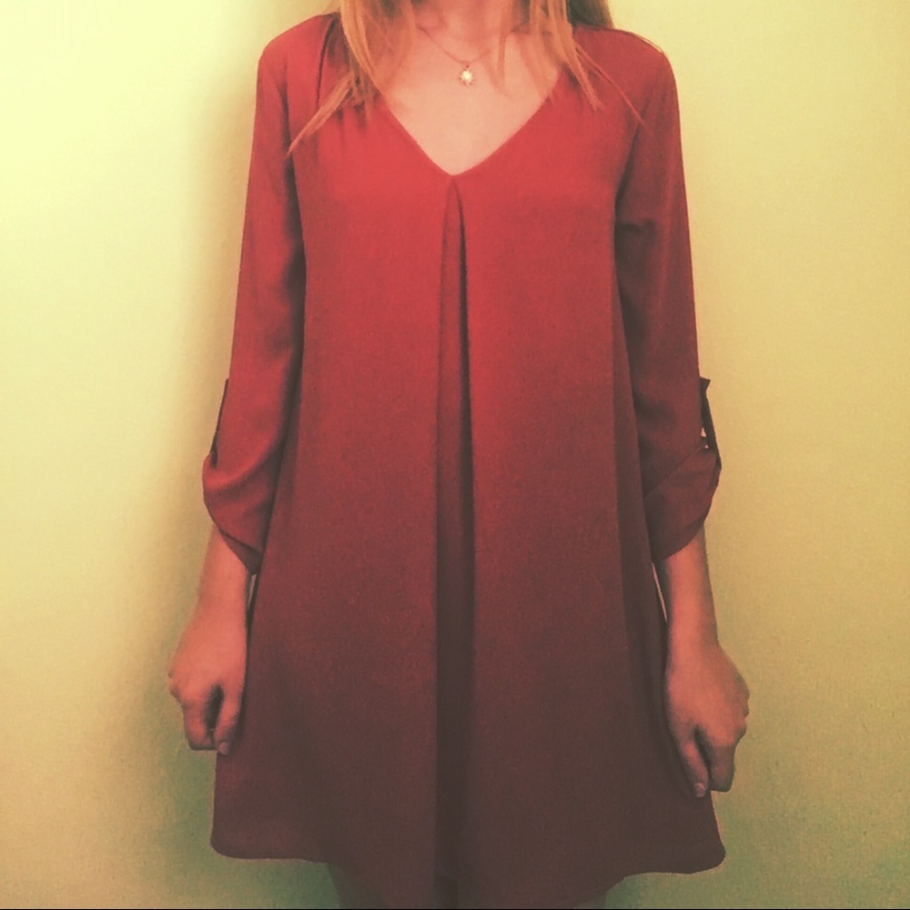 coral long-sleeve button-cuffed dress