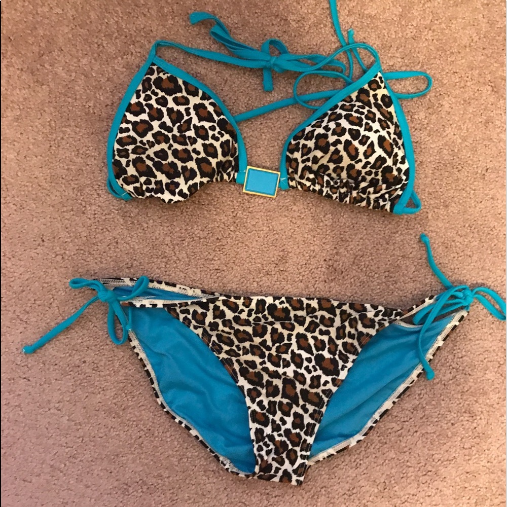 Swimwear cute cheetah print with blue 2 piece