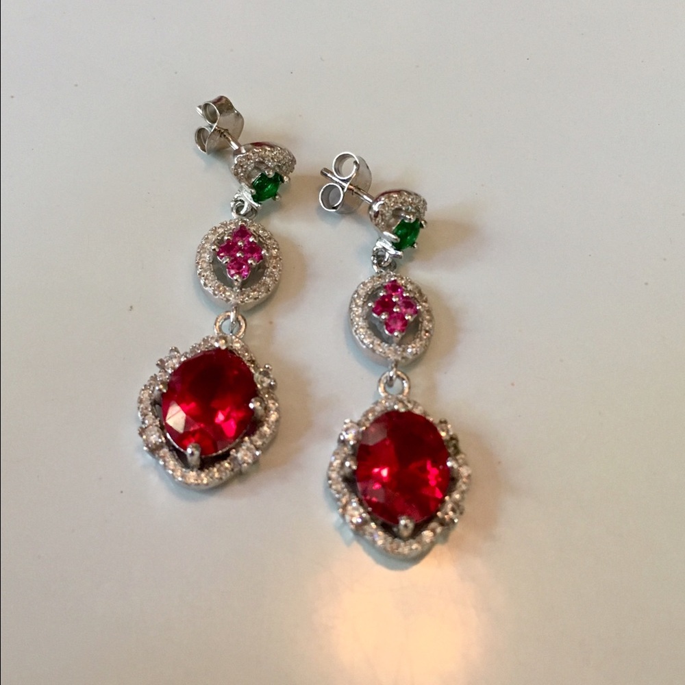 Ruby, pink topaz, emerald earrings