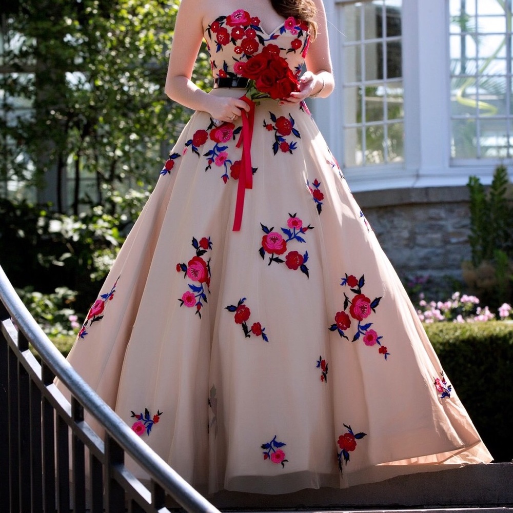 Rose embroidered nude Sherri Hill prom gown