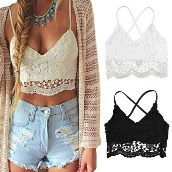 Crop Top Crochet Lace Deep V Neck Spaghetti Strap - Picture 1 of 4