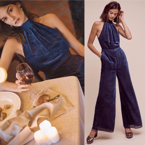 anthropologie blue velvet jumpsuit