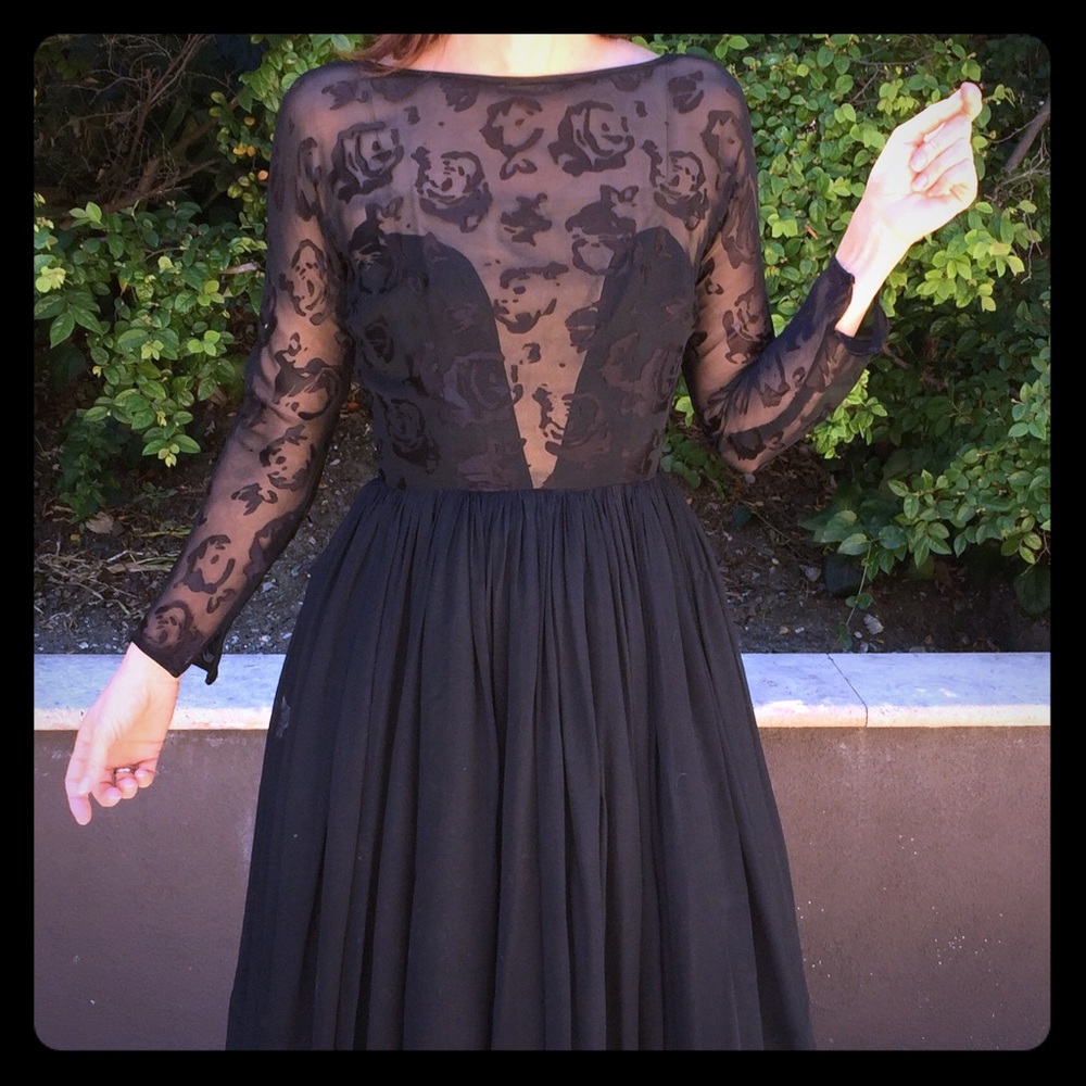 Vintage 1950s black silk dress by Sandra Sage