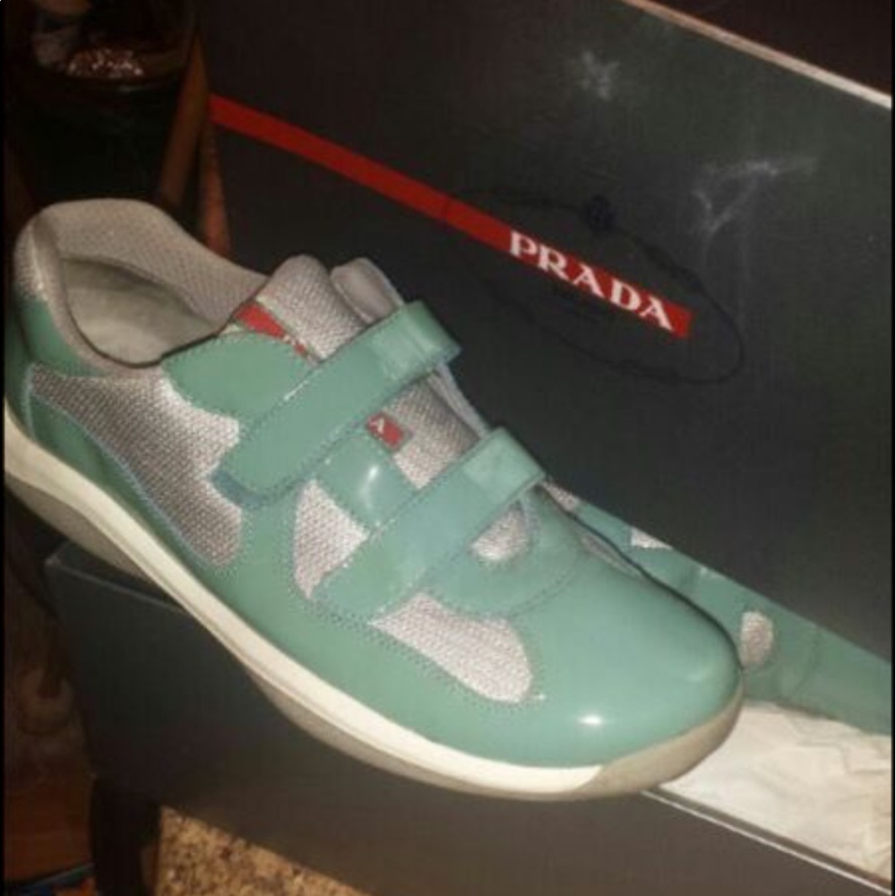 Green patent leather strapped Prada's size 11