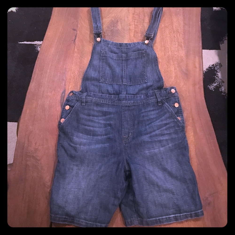J Brand "Rivington" denim short overalls.