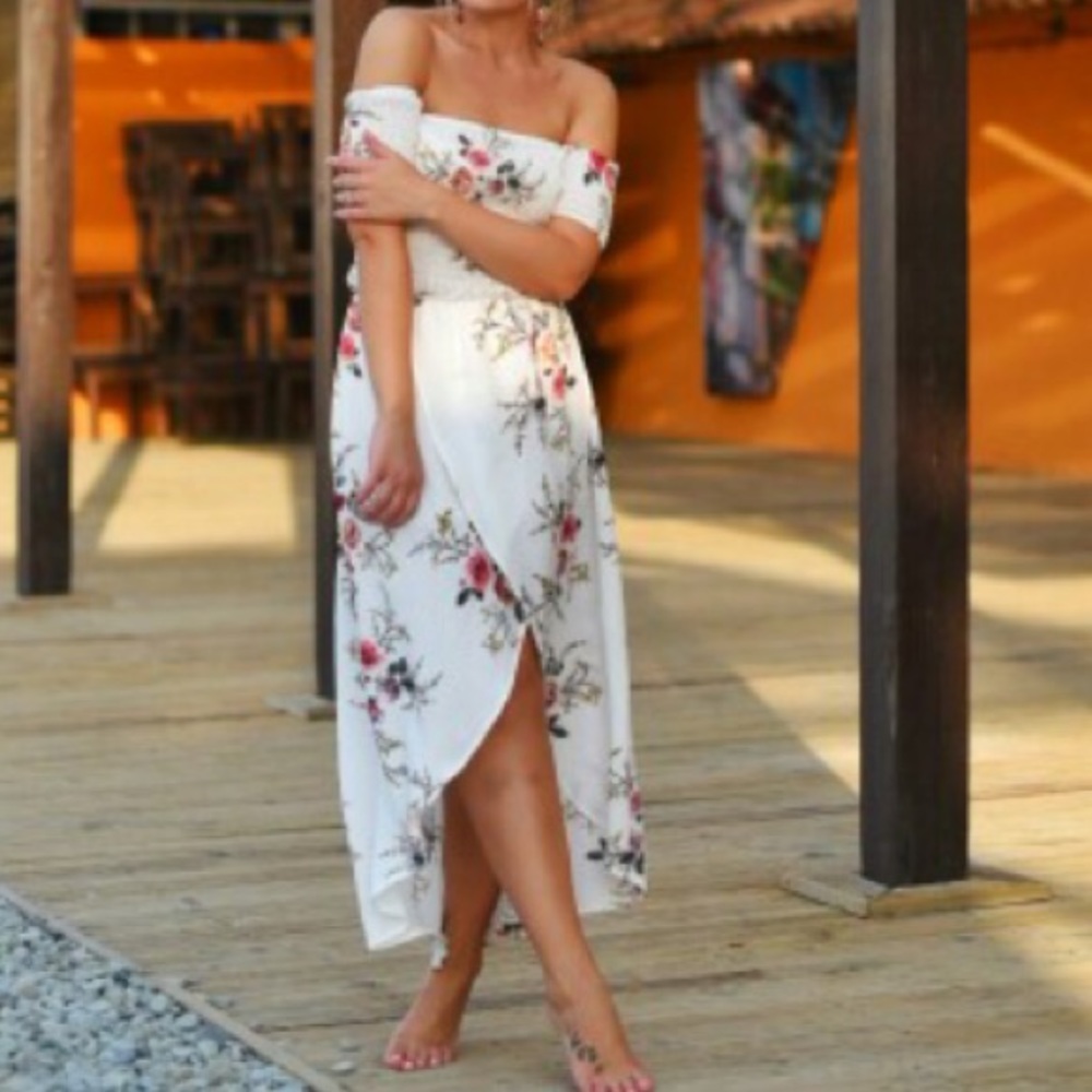 New White Floral Off Shoulder High-Low Dress - Picture 4 of 6