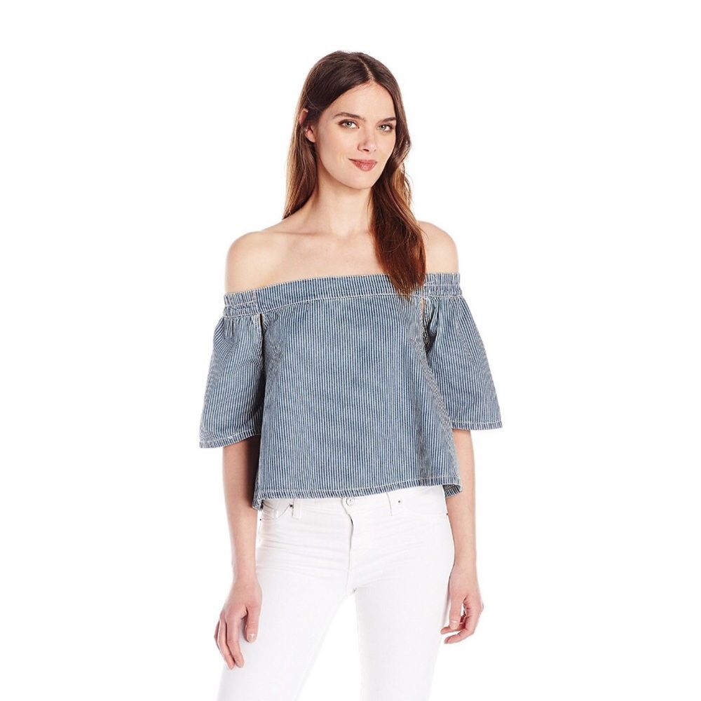 MinkPink Outline Stripe Denim Off Shoulder Top