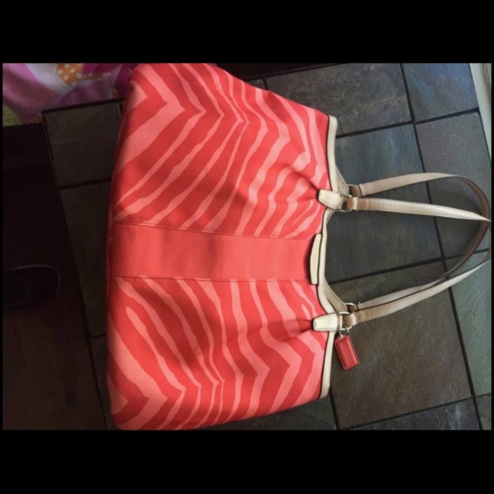 coach signature zebra striped devin  orange & tan