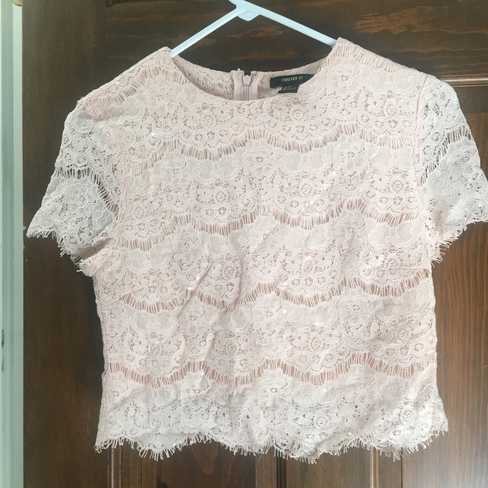 NWOT Sequined pink lace crop top