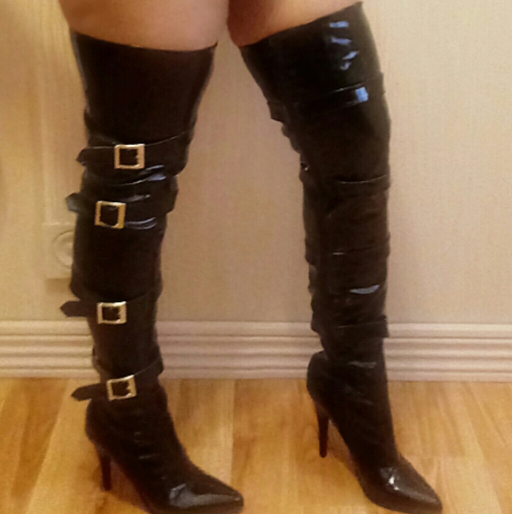 Thigh high, patent leather heels with adjustable