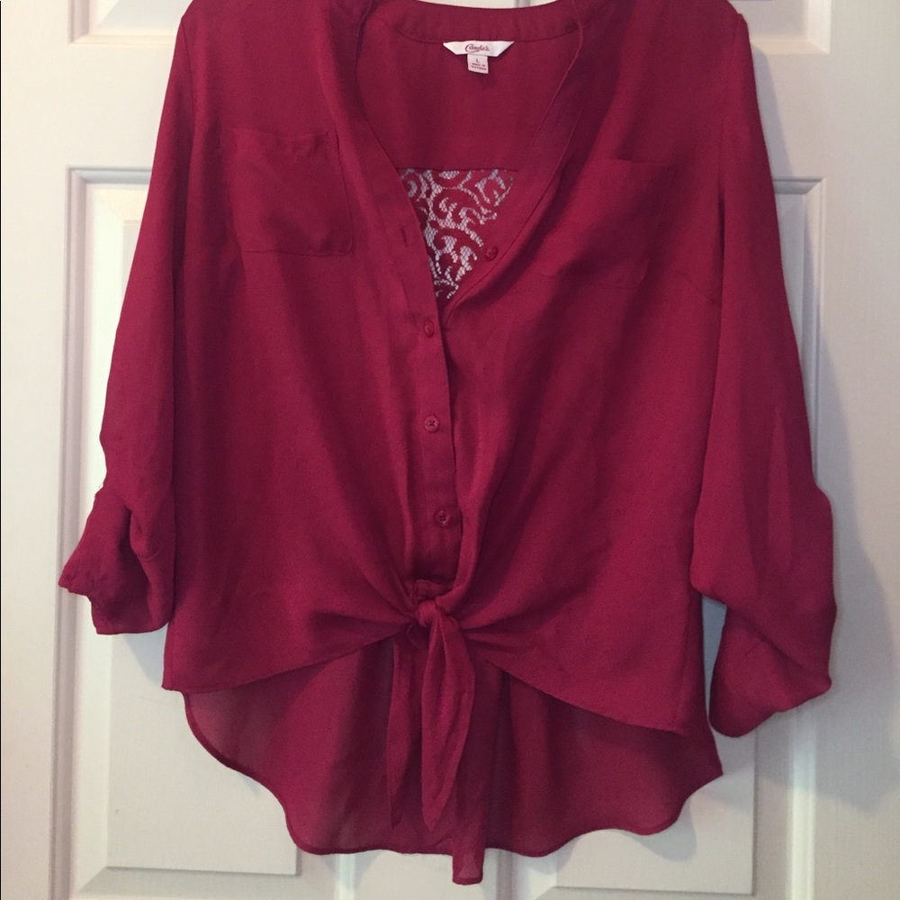 Candie's Dark Pink Tie-Front Lace Blouse