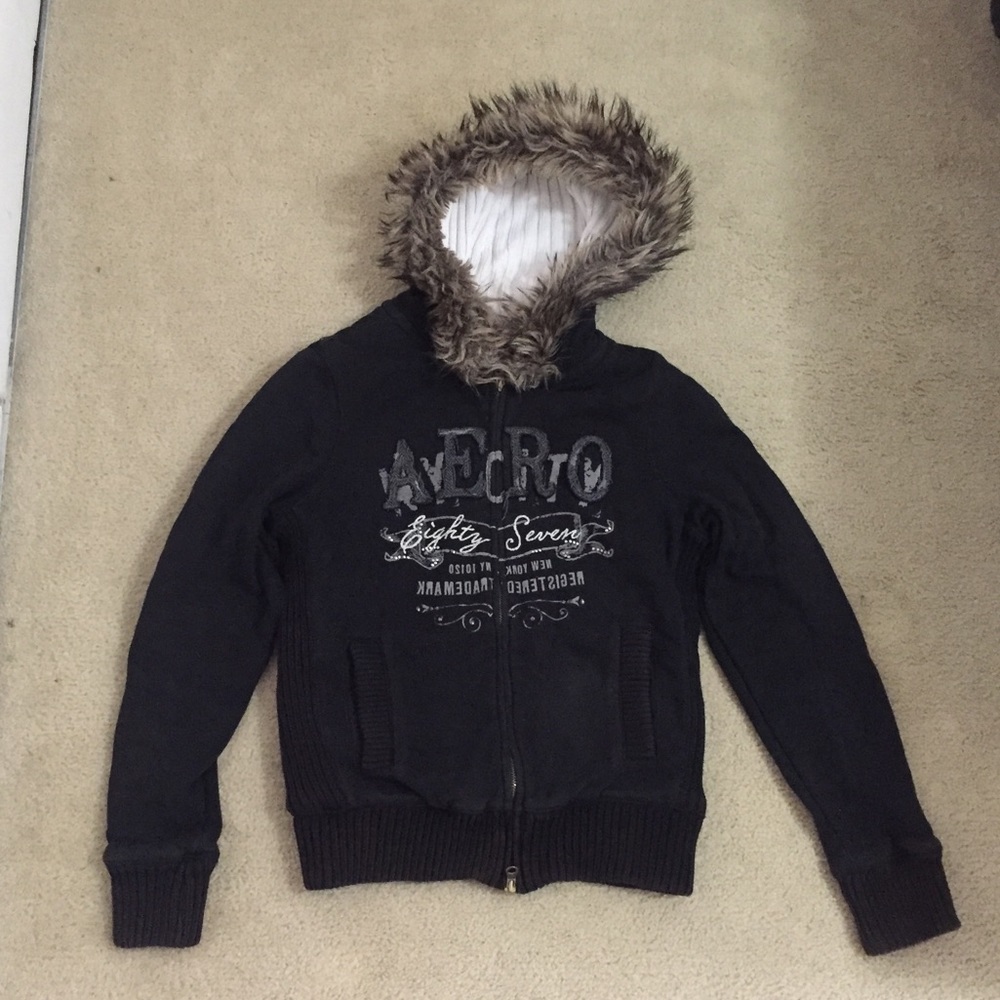 ✨SALE✨Aeropostale Black FauxFur Hooded Zip Sweater