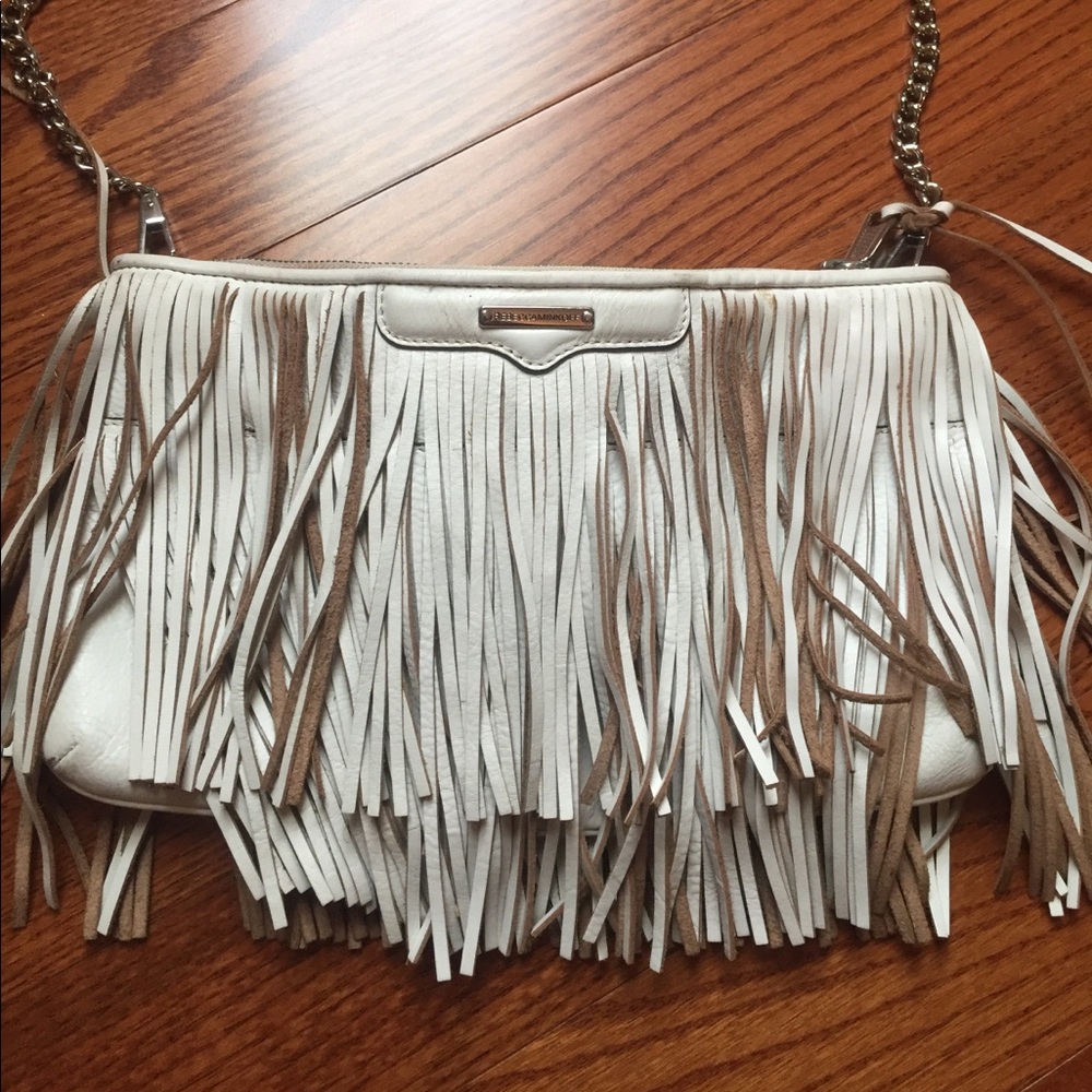 Rebecca Minkoff cream and tan chain fringe purse