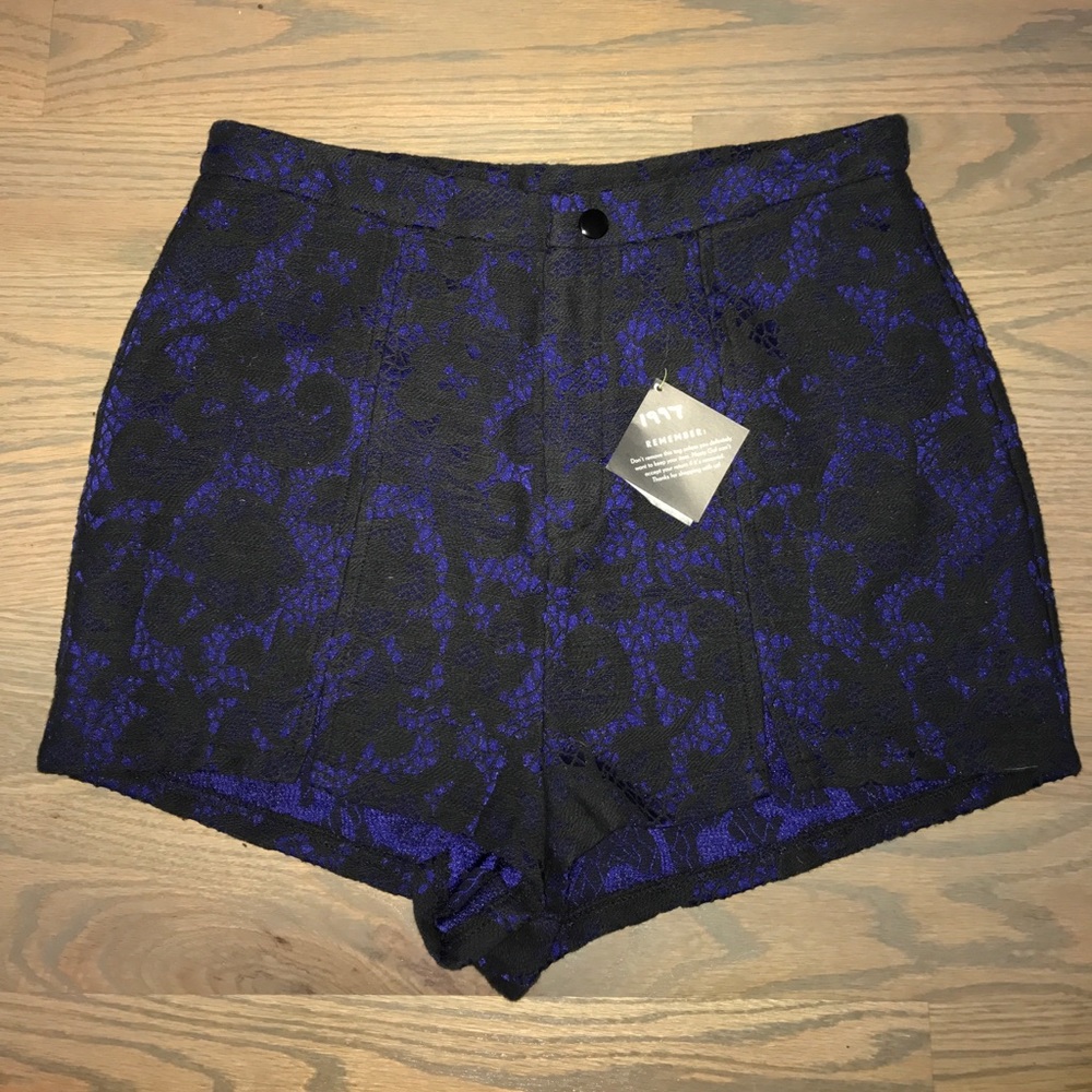Nasty Gal blue and black lace high waisted shorts