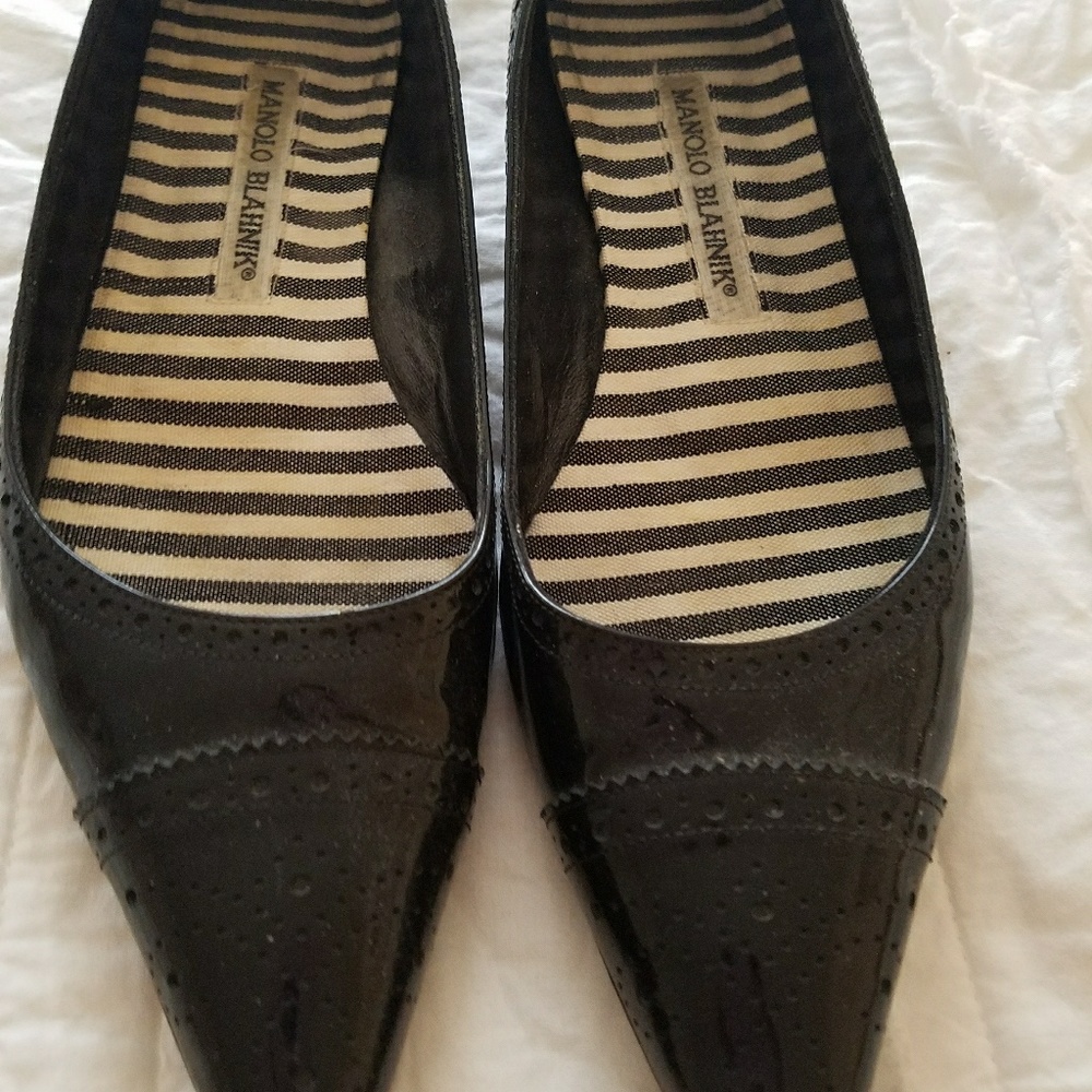 Manolo Blahnik Broque Patent Leather Pointed Flats