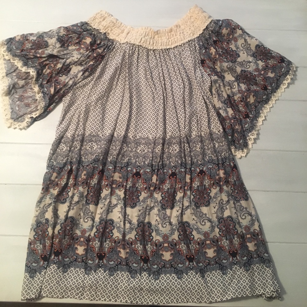 Off the shoulder smocked printed tunic