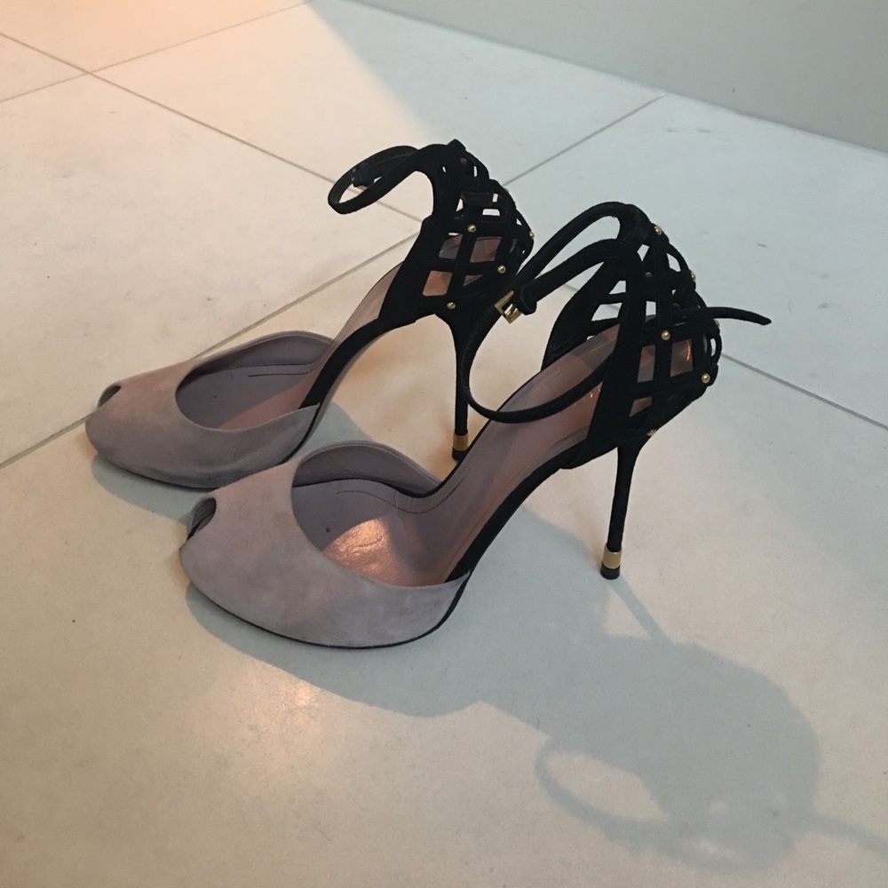 Gucci Pink and black suede cage peep toe sandals.