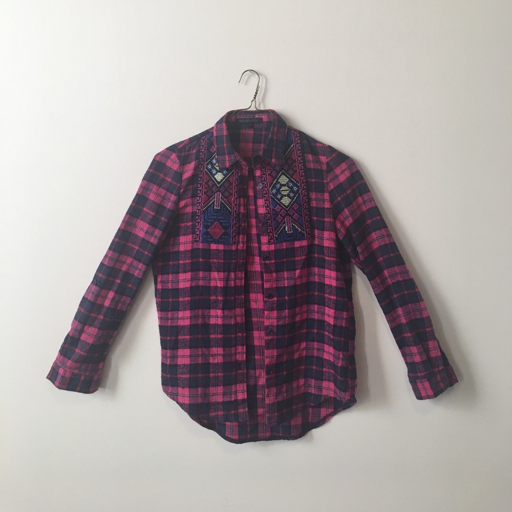 Pink and Navy Flannel with Tribal Embroidery