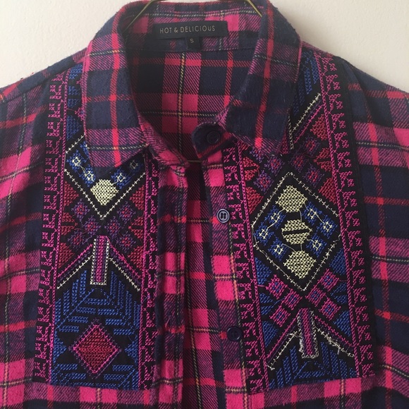Pink and Navy Flannel with Tribal Embroidery - Picture 2 of 4