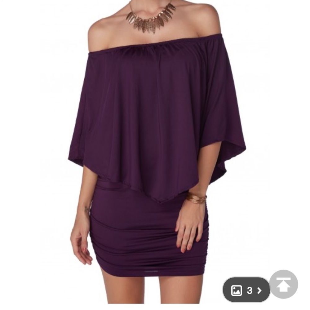 New Ruffle Overlay Off the Shoulder Purple Dress!