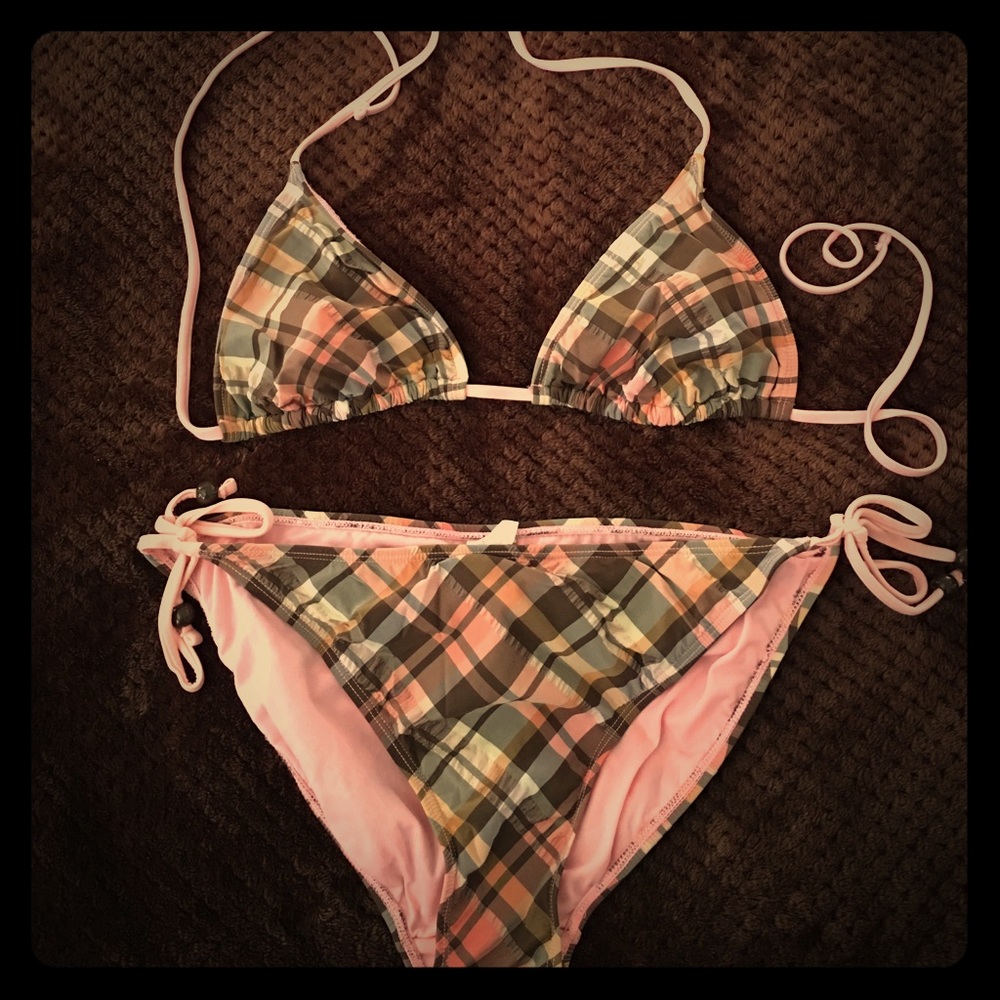Brown and peach plaid bikini.