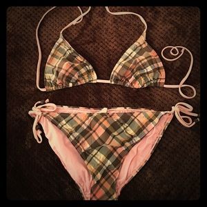 Brown and peach plaid bikini.