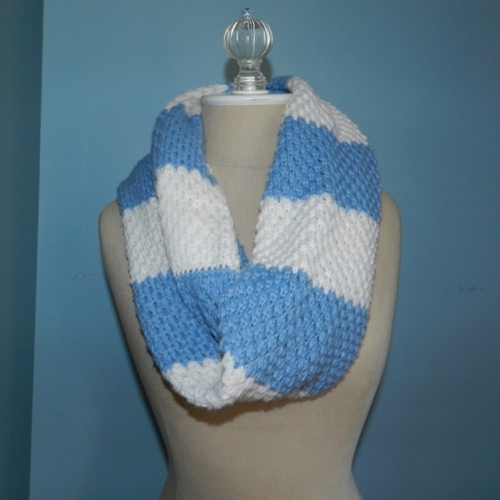 Blue and white knit infinity scarf
