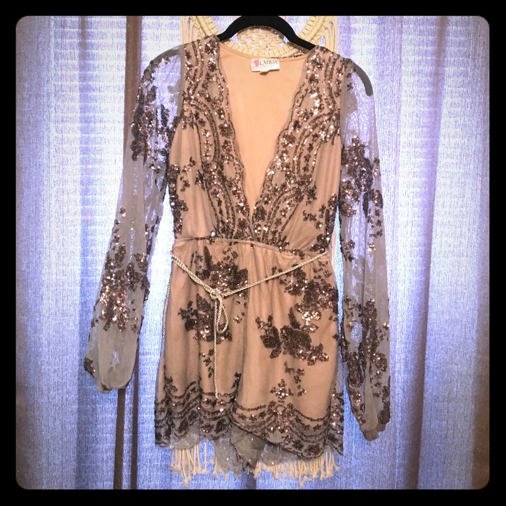 Silver Sequin Plunge Tulle Romper