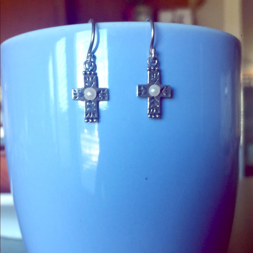 Retired sterling silver cross earrings with pearl