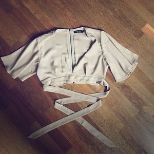 Nude ruffle sleeve crop top