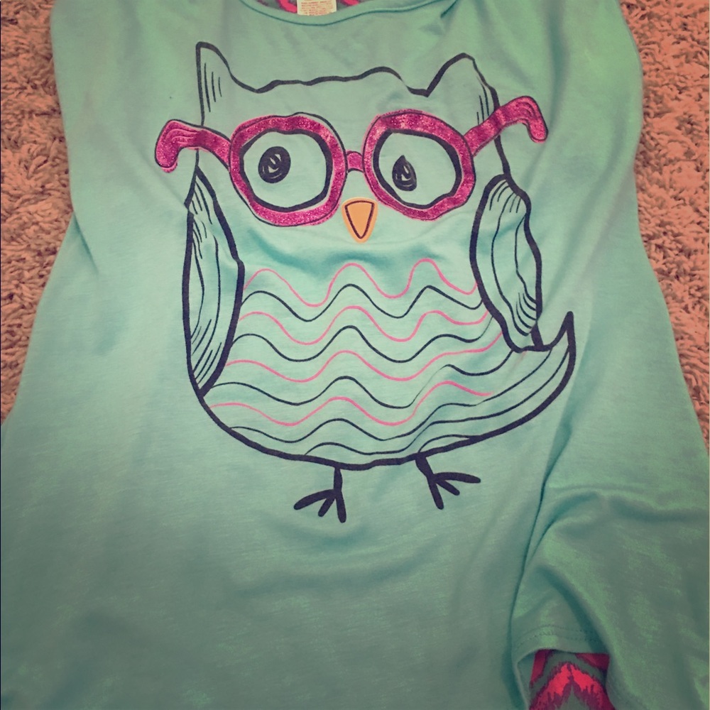 A blue shirt with an owl on it