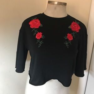 H&M Embroidered Rose Cropped Sweatshirt