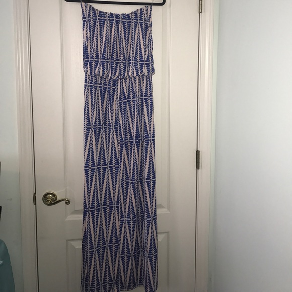 Long tan dress with blue print New - Picture 3 of 3