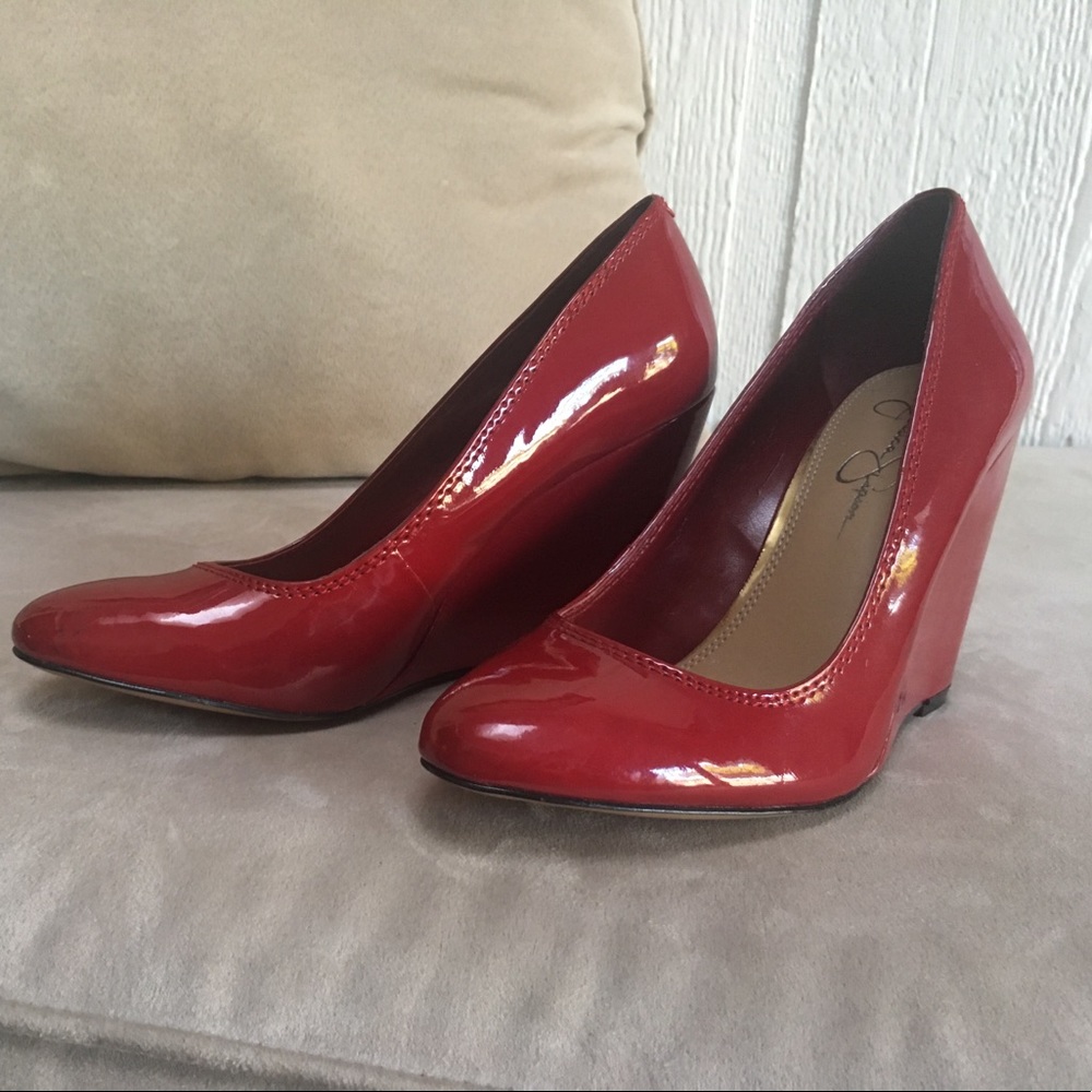 Red patent Jessica Simpson wedges