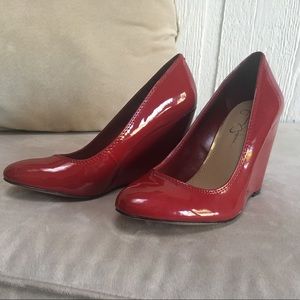 Red patent Jessica Simpson wedges