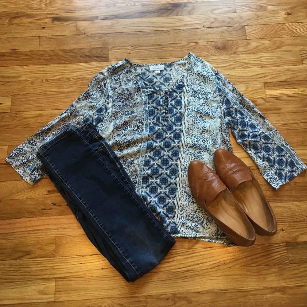 Blue & Cream Bohemian Peasant Top Size L/XL
