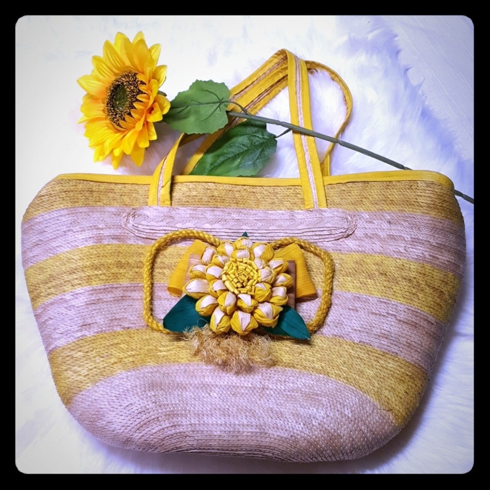 Large yellow and natural straw tote bag
