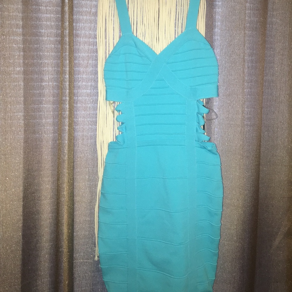 wow couture turquoise cut out dress