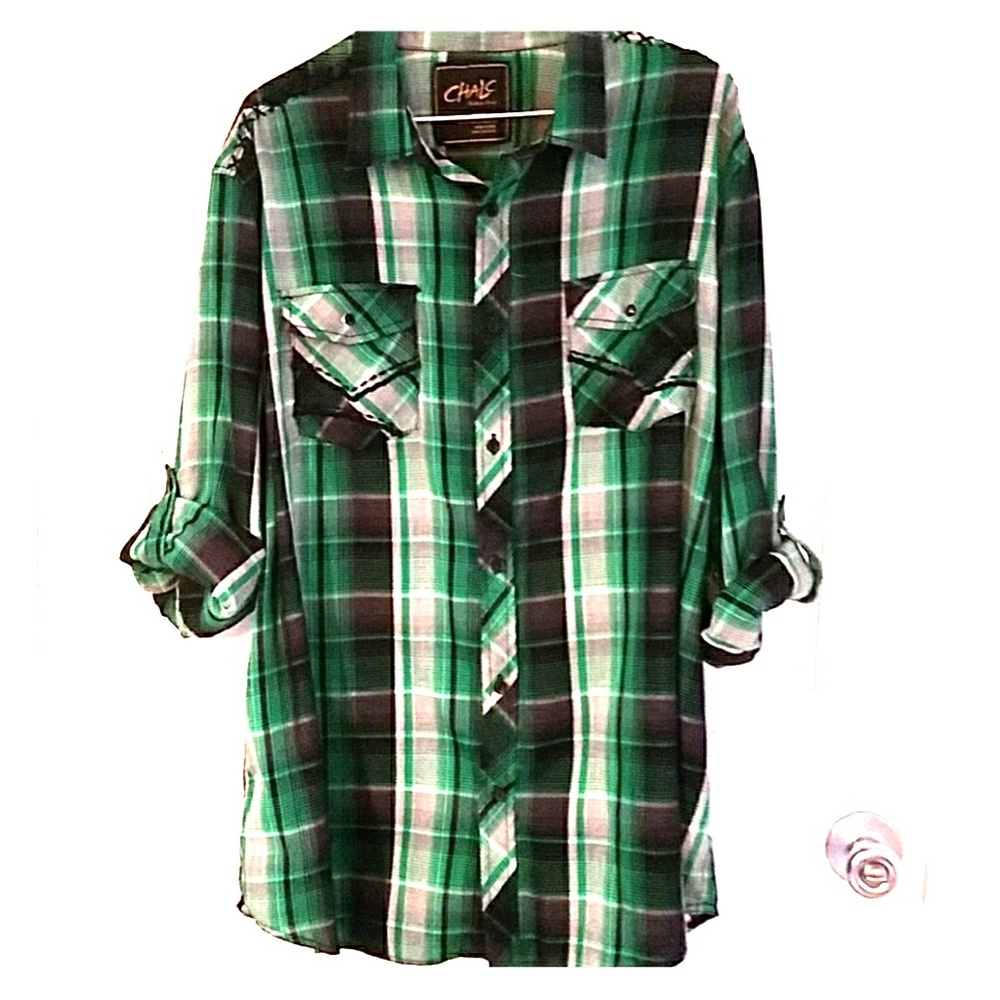 Green & Black Quarter Sleeves Button Down