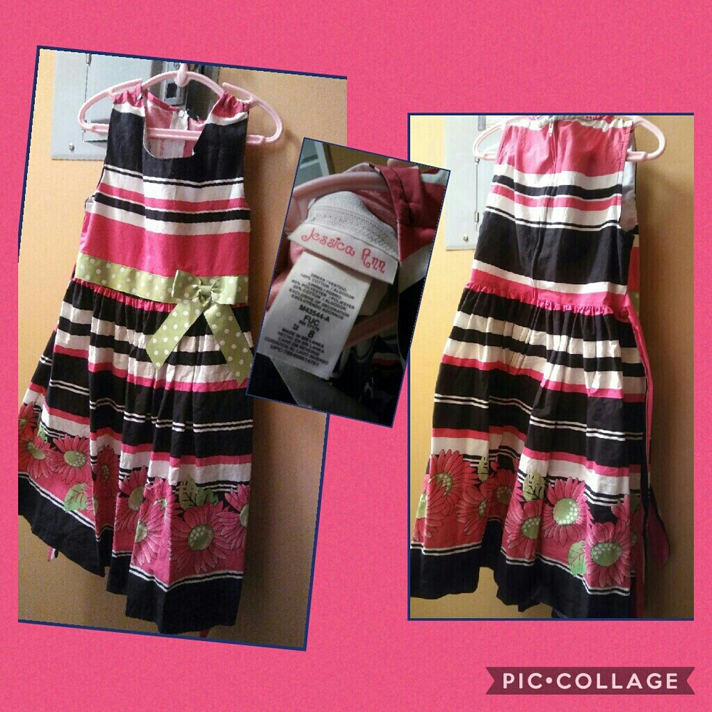 Fuschia, black and white stripped dress