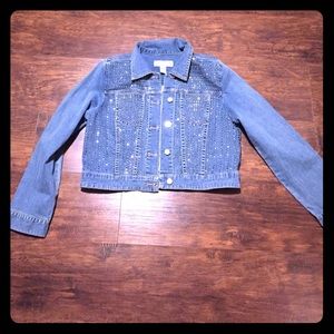 Chicos Platinum Bedazzled Jean Crop Jacket!